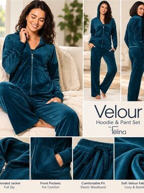 Velour Hoodie & Pant Set - Teal